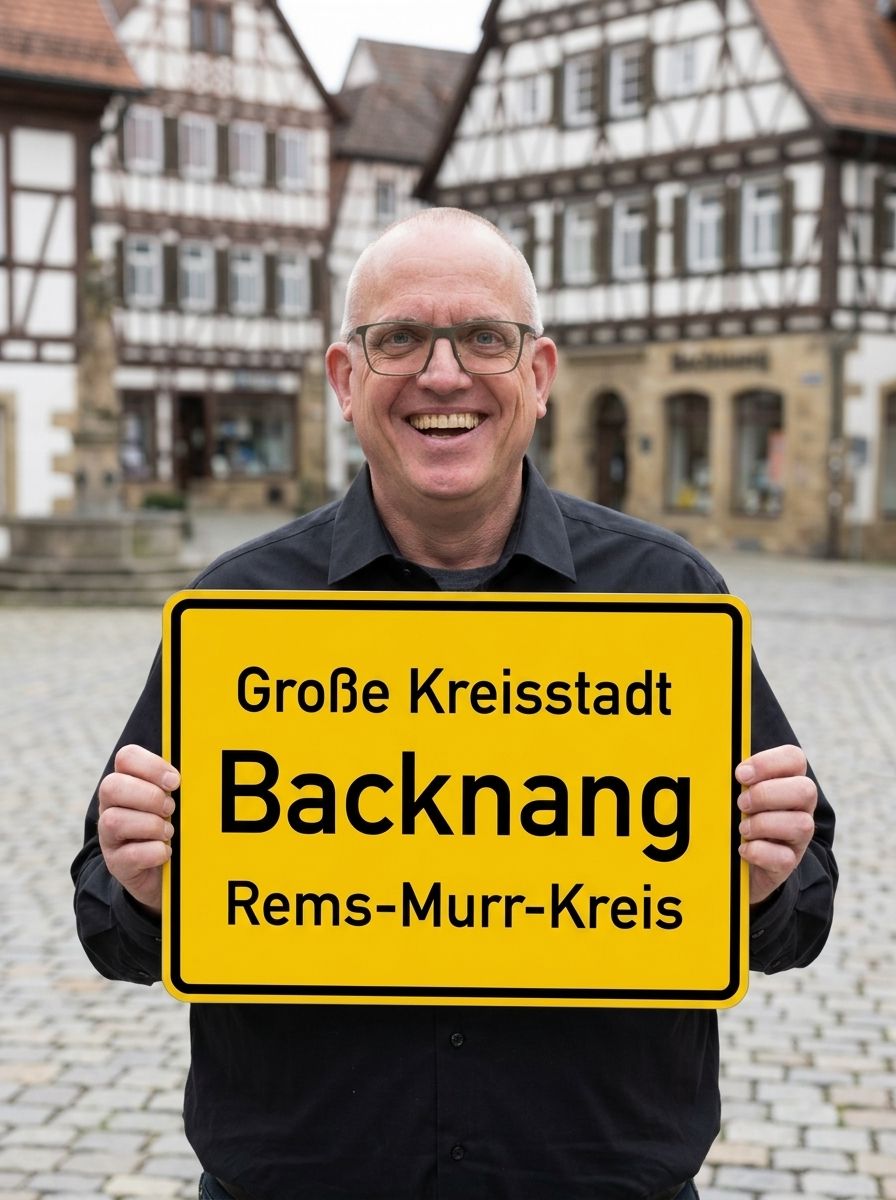 Joachim Jögel lächelnd mit einem Ortsschild „Große Kreisstadt Backnang, Rems-Murr-Kreis" in den Händen, im Hintergrund Fachwerkhäuser am Backnanger Marktplatz
