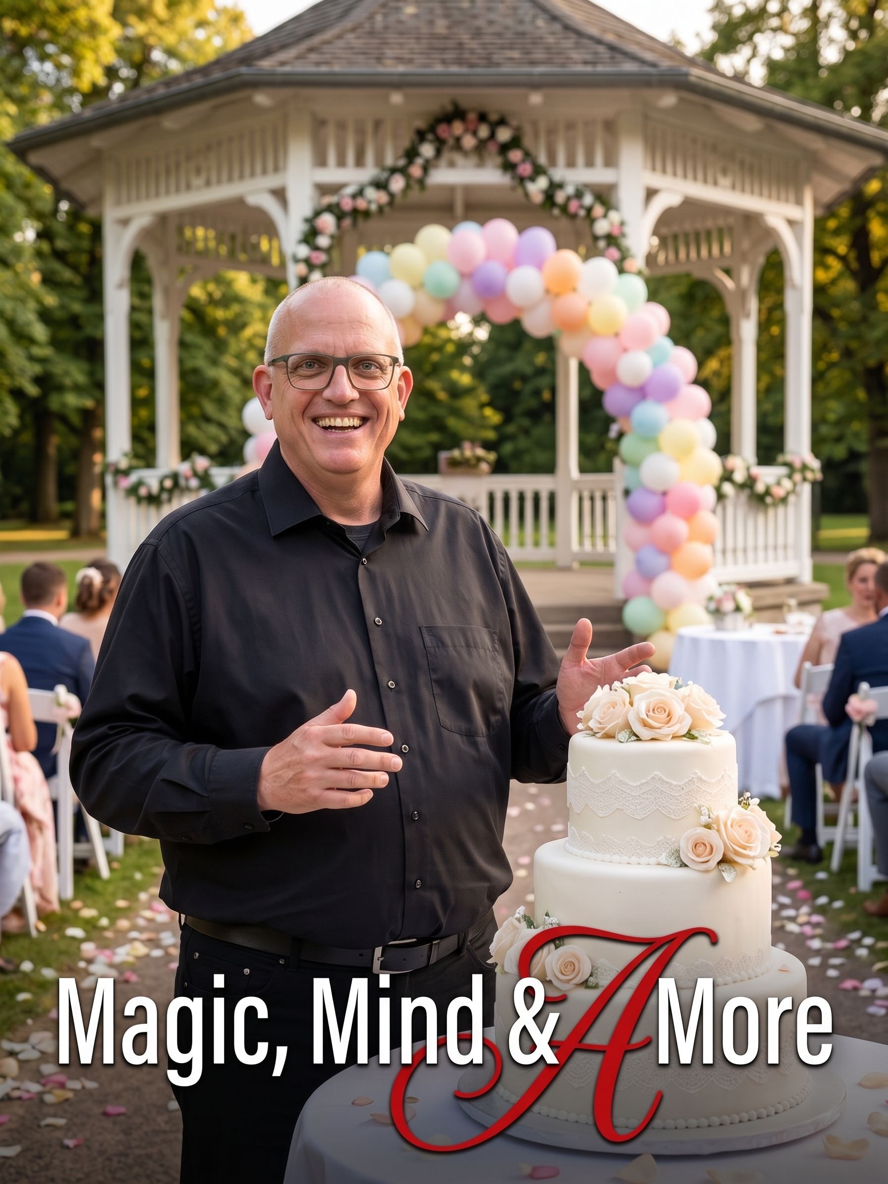 Joachim Jögel vor der Hochzeitstorte im Freien, im Hintergrund ein blumengeschmückter Pavillon mit Ballongirlande