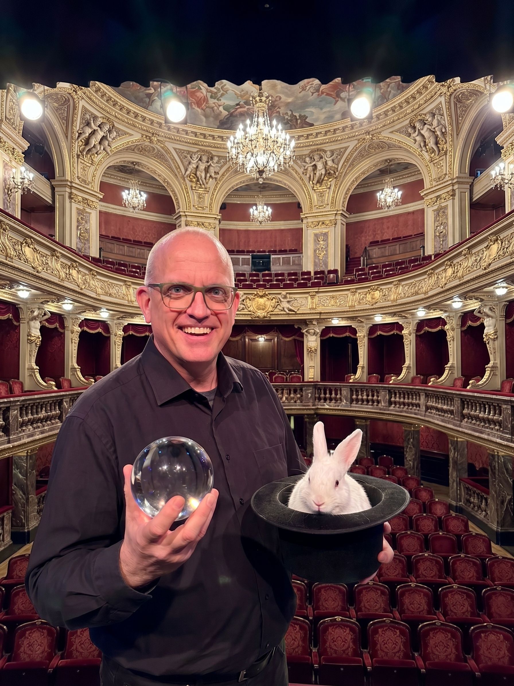 Joachim Jögel mit Kristallkugel und Zylinder, aus dem ein weißes Kaninchen schaut, in einem prunkvollen historischen Theatersaal