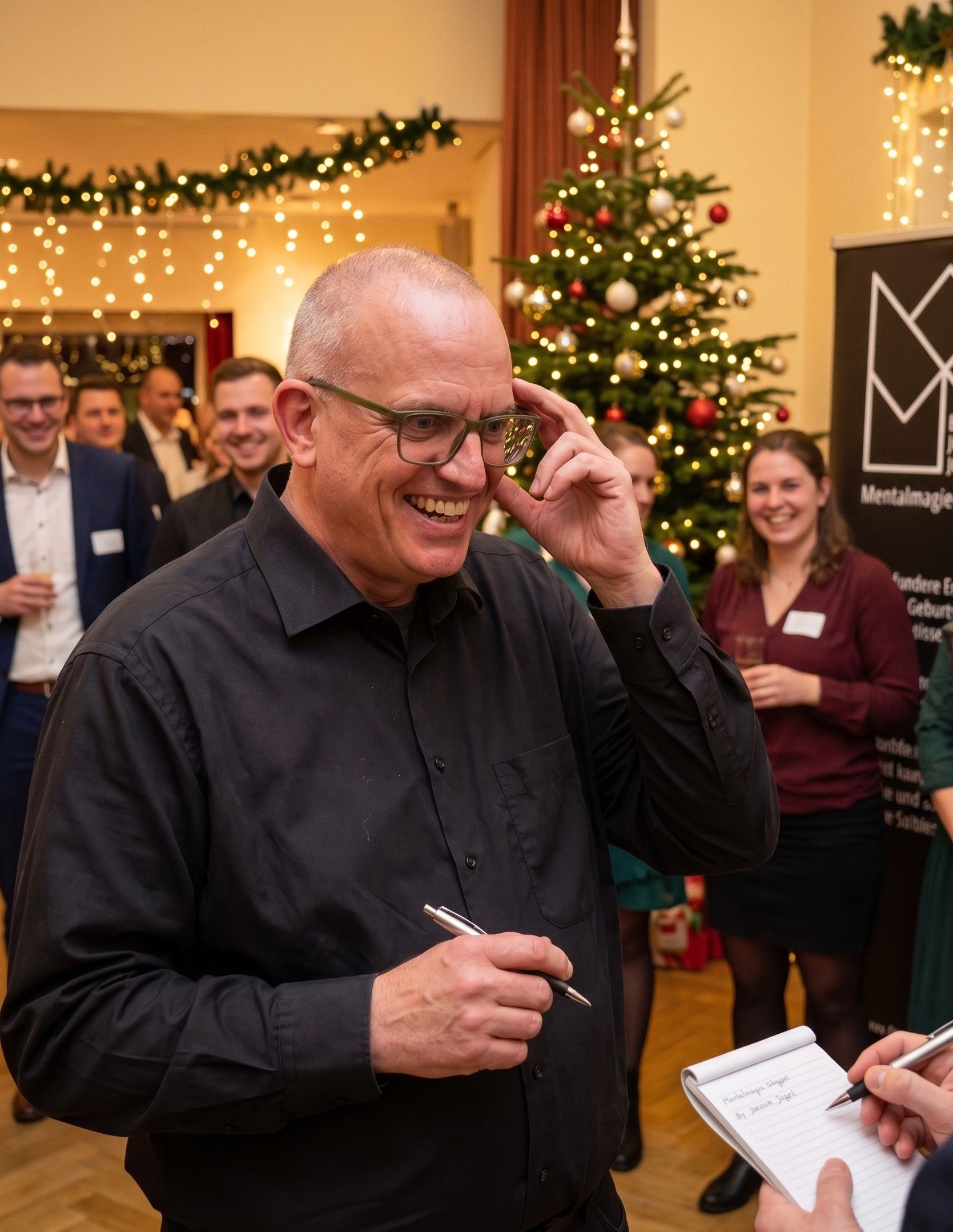 Joachim Jögel lachend vor einem geschmückten Weihnachtsbaum, im Hintergrund Gäste einer Weihnachtsfeier